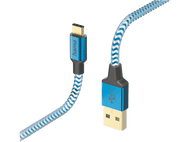 Câble USB-C vers USB bleu et blanc avec connecteurs bleus.