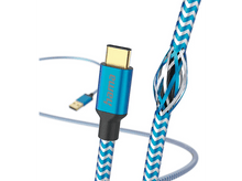 Charger l&#39;image dans la galerie, Câble USB-C tressé bleu et blanc avec connecteur doré. Une partie du câble est coupée, exposant les fils intérieurs.
