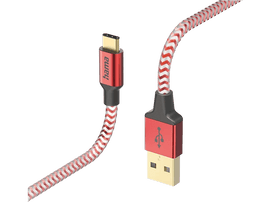Câble USB-C vers USB rouge et blanc. Marque Hama sur le connecteur USB-C.