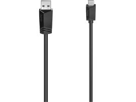 Câble noir USB vers USB-C. Les connecteurs ont le logo Hama. Fond noir.