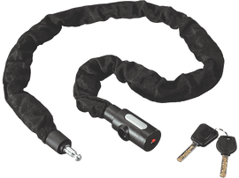 Antivol de chaîne noir avec clés, fond noir.