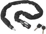 Antivol de chaîne noir avec clés, fond noir.