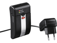 Chargeur de batterie noir et argent avec adaptateur secteur. Voyants rouge et vert indiquent la charge.