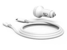 Charger l&#39;image dans la galerie, Chargeur de voiture blanc avec câble blanc sur fond blanc.
