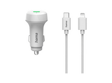 Charger l&#39;image dans la galerie, Un chargeur de voiture blanc et deux câbles blancs pour USB-C et Lightning sur fond blanc.
