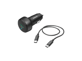 Chargeur de voiture noir avec un câble USB-C. Étiquette 25W sur le chargeur.