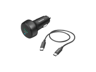 Chargeur de voiture noir avec un câble USB-C. Étiquette 25W sur le chargeur.