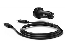 Charger l&#39;image dans la galerie, Un chargeur de voiture noir avec un câble USB-C et un câble noir, le tout sur fond blanc.
