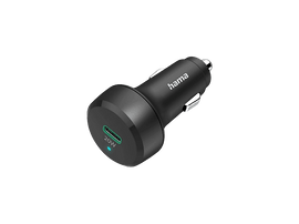 Un chargeur de voiture noir avec un port USB vert de 20W. Le mot Hama est imprimé.