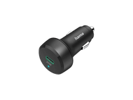 Un chargeur de voiture noir avec un port USB vert de 20W. Le mot Hama est imprimé.