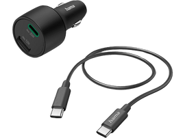 Chargeur de voiture USB-C noir et un câble USB-C vers USB-C noir. Logo de la marque Hama.