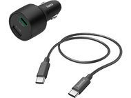 Chargeur de voiture USB-C noir et un câble USB-C vers USB-C noir. Logo de la marque Hama.