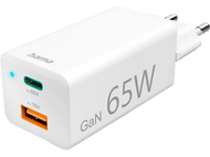Un chargeur GaN blanc de 65W avec un port USB orange et un indicateur lumineux bleu.
