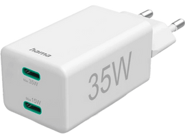 Chargeur Hama 35W blanc avec deux ports USB, avec le logo de la marque en haut.