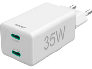 Chargeur Hama 35W blanc avec deux ports USB, avec le logo de la marque en haut.