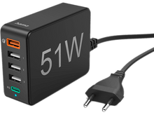 Charger l&#39;image dans la galerie, Adaptateur secteur noir avec ports USB et texte &#39;51W&#39;, avec câble noir.
