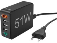 Adaptateur secteur noir avec ports USB et texte '51W', avec câble noir.