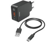Chargeur Hama noir avec un câble USB-C et un connecteur USB-A, fond blanc.