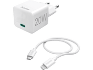 Chargeur Hama blanc 20W avec câble blanc et connecteur USB-C et Lightning.
