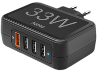 Chargeur noir 33W avec 3 ports USB, port orange et lumière bleue.