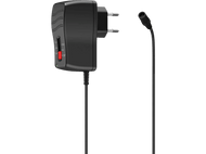 Adaptateur secteur noir avec cordon et prise. L'adaptateur a un interrupteur rouge et des réglages de tension.