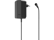 Chargeur noir avec une prise et un microphone. La marque est visible. Fond noir.