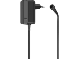 Adaptateur secteur noir avec prise et un fil noir. Logo 