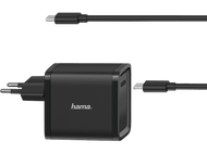 Chargeur noir avec prise et deux câbles. Le chargeur a un logo 'hama'. Câbles avec connecteurs USB-C.