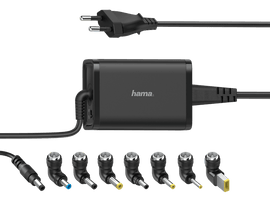 Adaptateur secteur noir avec plusieurs embouts de connecteur pour divers appareils.