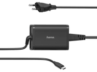 Chargeur d'ordinateur portable Hama noir avec prise et connecteur USB-C. Le chargeur porte le logo Hama.