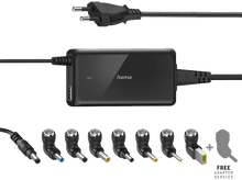 Charger l&#39;image dans la galerie, Chargeur pour ordinateur portable Hama noir avec port USB. Comprend plusieurs embouts adaptateurs. Cordon d&#39;alimentation noir en haut.
