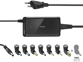 Chargeur pour ordinateur portable Hama noir avec port USB. Comprend plusieurs embouts adaptateurs. Cordon d