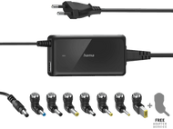 Chargeur pour ordinateur portable Hama noir avec port USB. Comprend plusieurs embouts adaptateurs. Cordon d'alimentation noir en haut.