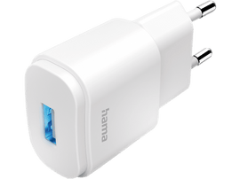 Chargeur USB Hama blanc avec port USB bleu et broches argentées pour prise murale.