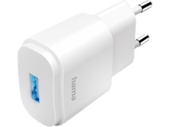 Chargeur USB Hama blanc avec port USB bleu et broches argentées pour prise murale.