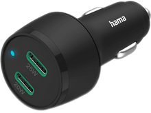 Charger l&#39;image dans la galerie, Chargeur de voiture noir avec deux ports USB, étiquetés 25W et 20W. Logo Hama et lumière bleue.
