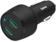 Chargeur de voiture noir avec deux ports USB, étiquetés 25W et 20W. Logo Hama et lumière bleue.