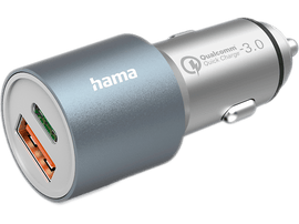 Chargeur de voiture Hama argenté et gris avec port USB et Quick Charge 3.0.