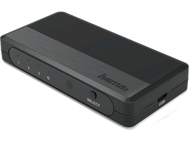 Un commutateur HDMI Hama 3 voies noir avec USB. Il dispose de trois boutons numérotés et d