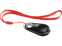 Charger l&#39;image dans la galerie, Un porte-clés noir de forme ovale avec un cordon rouge.
