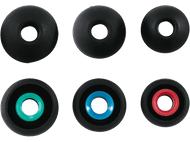 Six embouts d'oreille noirs de différentes tailles, avec intérieur coloré.