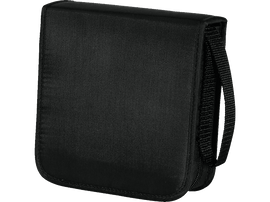 Étui CD noir avec une poignée. De forme rectangulaire, il possède une fermeture éclair.