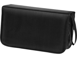 Étui rectangulaire noir, probablement pour transporter des objets. Comporte une poignée. Fond uni.