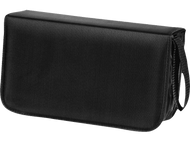 Étui rectangulaire noir, probablement pour transporter des objets. Comporte une poignée. Fond uni.