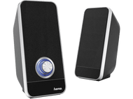 Deux enceintes noires avec un contrôle du volume argenté.