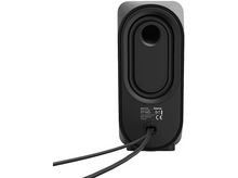 Charger l&#39;image dans la galerie, Un haut-parleur noir avec un corps cylindrique, étiqueté avec des informations et deux câbles d&#39;alimentation noirs.
