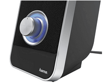 Charger l&#39;image dans la galerie, Un haut-parleur noir avec un bouton de volume argenté et un anneau lumineux bleu, marque Hama.
