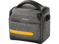 Sac photo gris avec poignée et bande jaune. Marque 'hama' sur le devant.