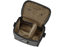 Charger l&#39;image dans la galerie, Un sac d&#39;appareil photo gris ouvert, avec des compartiments internes et un séparateur central rembourré.
