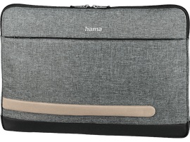 Housse grise pour ordinateur portable avec une bande beige et le mot 